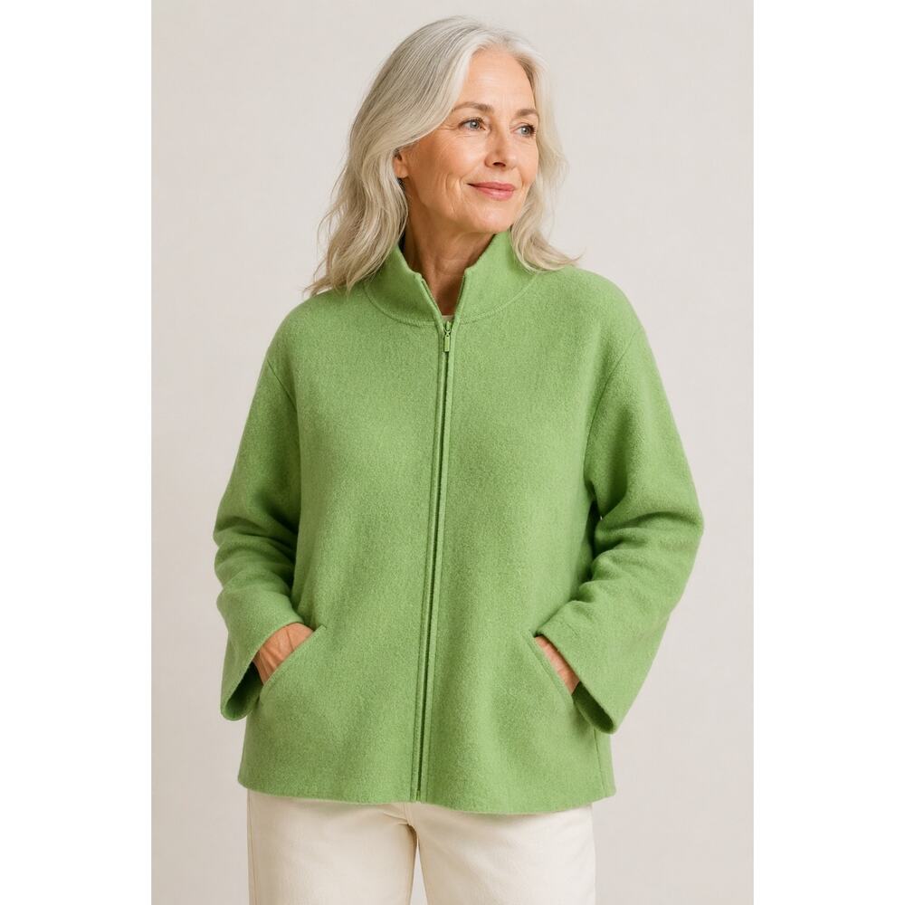 Eileen Fisher 100% Wool Zip Front Jacket Cardigan Lime Green 2X